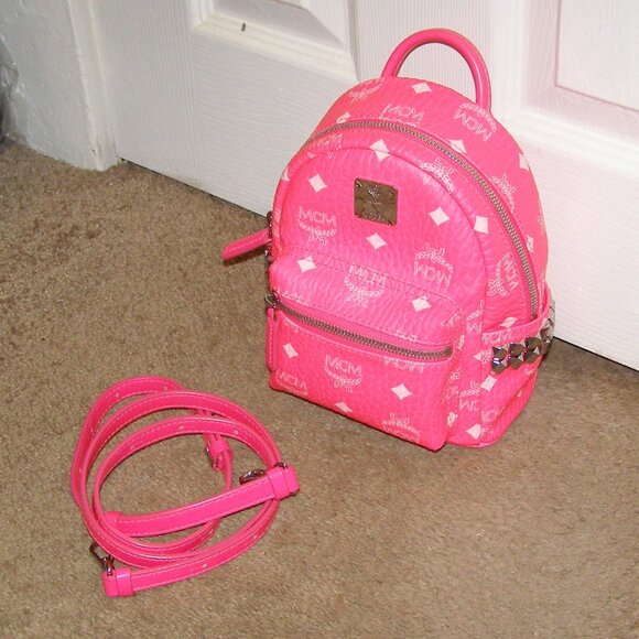RARE Authentic MCM Neon Pink Mini backpack Crossbody bag - Picture 1 of 16